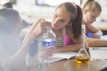 Teenage girls in high school chemistry class experimenting - ZEF12643