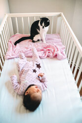 Newborn baby girl lying in crib with a cat - GEMF01468