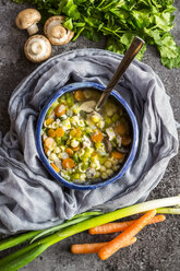Chicken soup with leek, carrots, noodles, spring onions, champignons and parsley - SARF03173