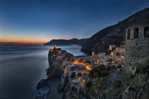 Italy, Liguria, Cinque Terre, Vernazza after sunset stock photo