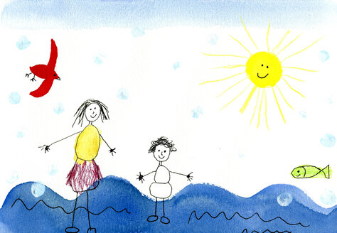 Children's drawing of happy mother with child on vacation - CMF00634