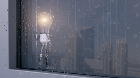 Glühbirne beim Blick aus einem verregneten Fenster, lizenzfreies Stockfoto