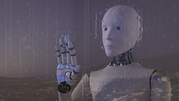 Robot looking out of rainy window - AHUF00307