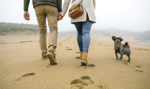 Tiefschnitt eines Paares, das im Winter mit seinem Hund am Strand spazieren geht, lizenzfreies Stockfoto