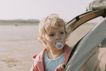 Niederlande, Schiermonnikoog, kleines Mädchen schaut aus dem Fahrradanhänger am Strand - DWF00282