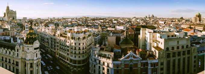 Madrid City Skyline Gran Via Street Twilight Spain Stock Photo