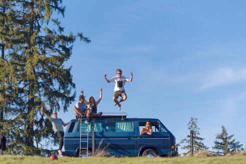 Eine Gruppe von Freunden hat Spaß an einem Van in der Natur - WVF00840