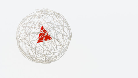 Schnurkugel mit rotem Dreieck in der Mitte, 3d-Rendering, lizenzfreies Stockfoto