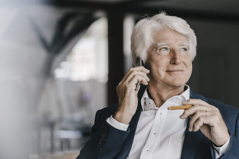 Portrait of relaxed senior businessman on the phone - KNSF01015