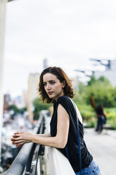 USA, New York City, portrait of woman on High Line Park in Manhattan - GIOF01872