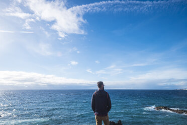 Rückenansicht eines Mannes mit Blick auf das Meer - SIPF01410