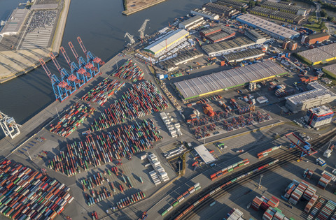 Germany, Hamburg, aerial view of container terminal Tollerort stock photo