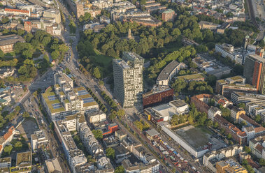 Germany, Hamburg, aerial view of St. Pauli with Dancing Towers office building - PVCF01010