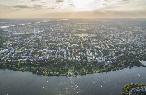 Germany, Hamburg, aerial view of Outer Alster Lake in the evening - PVCF01018