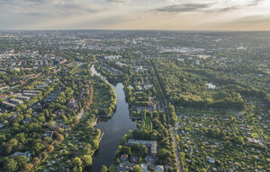 Germany, Hamburg, aerial view of district Alsterdorf with Eppendorfer Moor nature reserve - PVCF01023