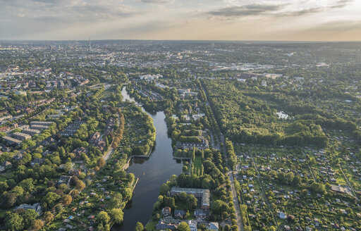 Germany, Hamburg, aerial view of district Alsterdorf with Eppendorfer Moor nature reserve - PVCF01023