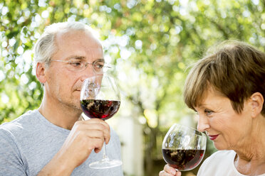 Senior couple having glass of red wine outdoors - WESTF22691
