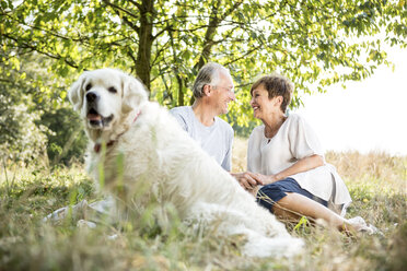 Glückliches Seniorenpaar mit Hund auf einer Wiese - WESTF22715