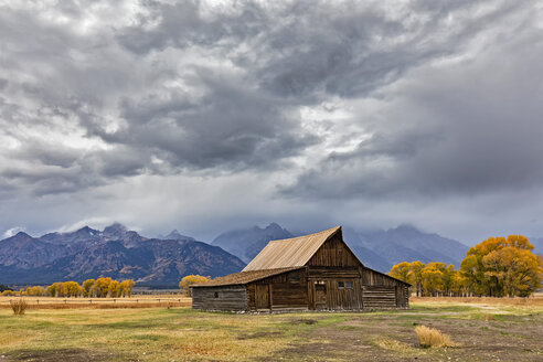 USA, Wyoming, Grand Teton National Park, Jackson Hole, T. A. Moulton Barn vor der Teton Range - FOF08852