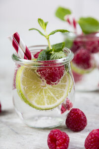 Glas Entgiftungswasser mit Limetten und Himbeeren, dekoriert mit Minzblättern - JUNF00866