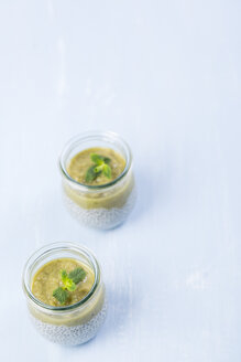 Zwei Gläser Chia-Pudding mit Soja-Vanillemilch und Kiwi-Mus - JUNF00878