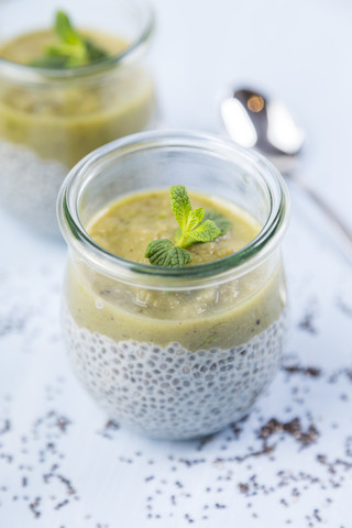 Ein Glas Chia-Pudding mit Soja-Vanillemilch und Kiwi-Mus, lizenzfreies Stockfoto