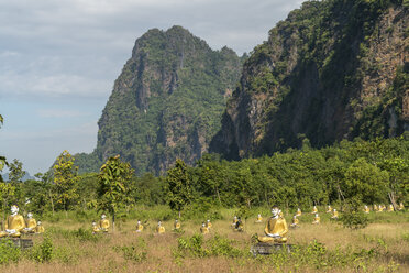 Myanmar, Hpa-an, Landschaft mit Felsformationen und einem Feld von Buddhas - PCF00340