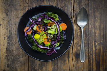 Bowl of vegan cabbage stew with lentils on dark wood - LVF05876