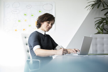 Businesswoman using laptop in office - RBF05623
