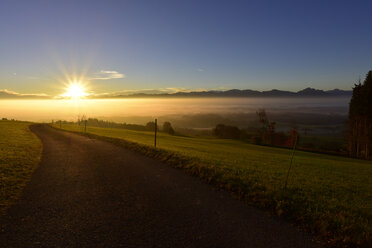 Deutschland, Allgäu, leere Landstraße bei Sonnenaufgang - FDF00220