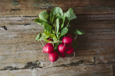 Bunch of red radishes on wood - GIOF01929