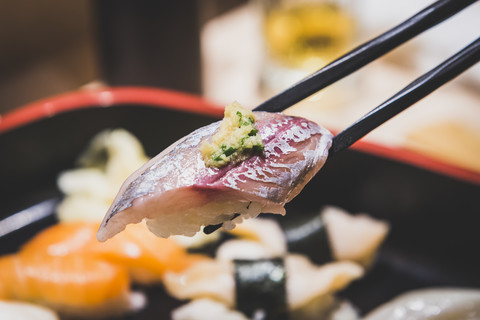 Japan, Tokio, Tsukiji-Fischmarkt, Sushi, lizenzfreies Stockfoto