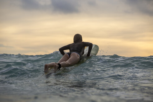 Indonesien, Bali, Surferin im Meer bei Sonnenuntergang - KNTF00646