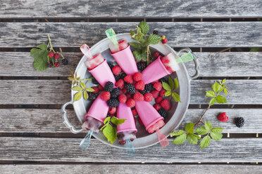 Tin plate of homemade lemonade ice lollies with raspberries and blackberries - GWF04994