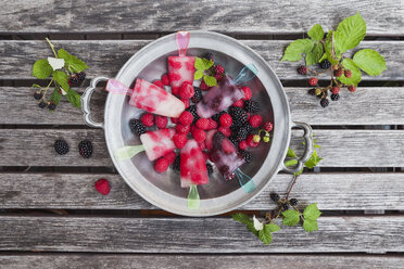 Blechteller mit hausgemachten Limonaden-Eislutschern mit Himbeeren und Brombeeren - GWF04996