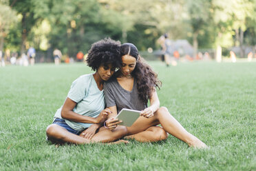Zwei beste Freunde sitzen auf einer Wiese im Park und benutzen ein Mini-Tablet - GIOF01992