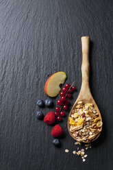 Wooden spoon of granola with dried fruits and various fresh fruits on slate - CSF27913