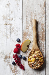 Wooden spoon of granola with dried fruits and various fresh fruits on wood - CSF27916
