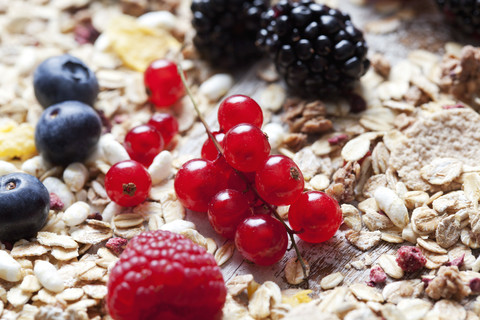 Müsli und verschiedene Waldbeeren, Nahaufnahme, lizenzfreies Stockfoto