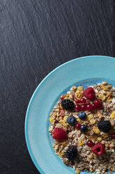 Plate of granola with various wild berries on slate - CSF27926