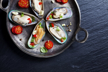 Green mussels with tomatoes, capsicum and garlic, in iron pan - CSF27950