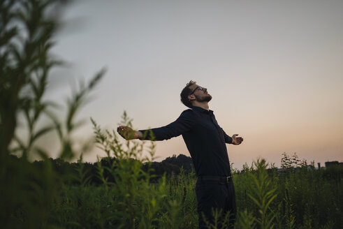 Businessman standing in rural field at sunset - KNSF01088