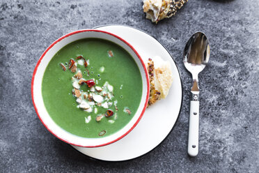 Bowl of spinach soup with chilipods and almonds - SARF03210