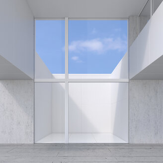 Leerer Raum mit Glaswand zum Atrium, 3D Rendering - UWF01128