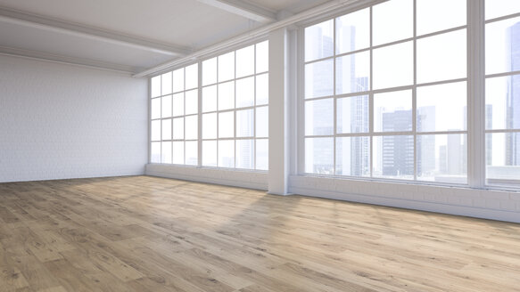 Leerstehendes Loft mit Blick auf die Skyline, 3D Rendering - UWF01131