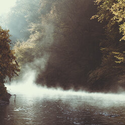 Deutschland, Wuppertal, aufsteigender Nebel auf der Wupper am Morgen - DWIF00835