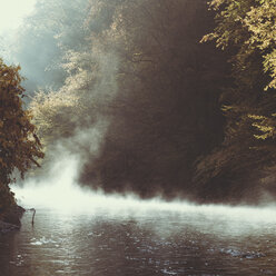 Germany, Wuppertal, rising fog on river Wupper in the morning - DWIF00835