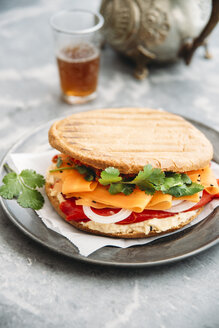 Marokkanisches Sandwich mit Hummus, gegrillter Paprika, Zwiebeln, Karotten, Koriander, Ajvar, Schwarzkümmel - IPF00363