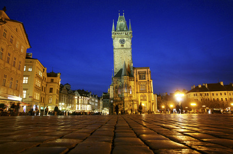 Czechia, Prague, Old Town Square and Town Hall at dusk stock photo