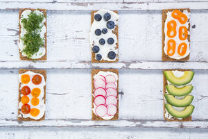 Knäckebrot mit Frischkäse und Avocado, Radieschen, Paprika, Kresse, Tomaten und Heidelbeeren - LVF05936